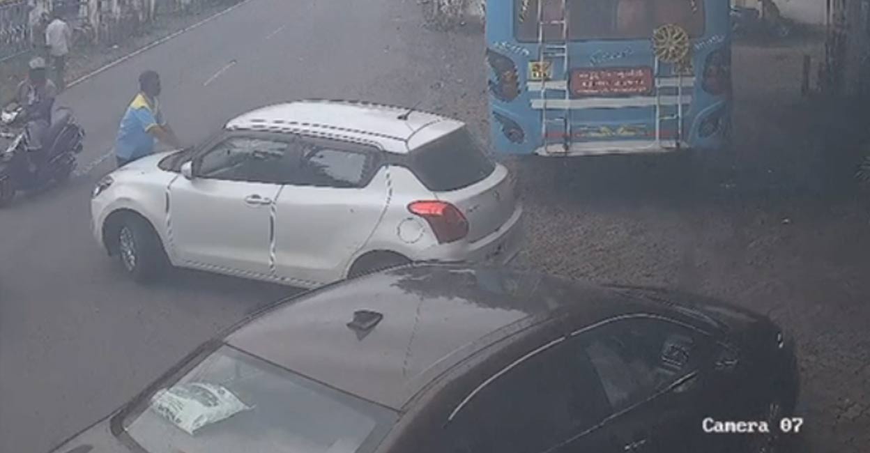 car-petrol-pump-ls When Anil tried to stop Santhosh from leaving, the latter sped up, hitting Anil and causing him to fall onto the car’s bonnet. Photo: CCTV Screengrab/ Special arrangement.