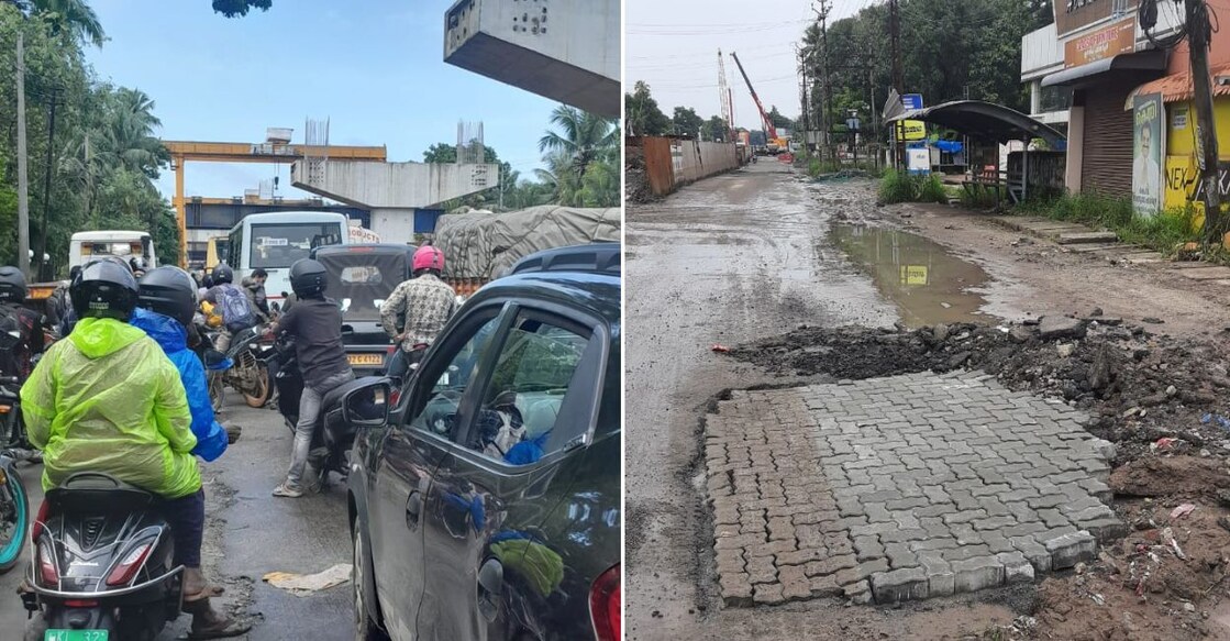 Vehicles stuck in traffic on a service road between Aroor and Thuravur (left) and the patchy work done by the contractors. Photos: Special arrangement