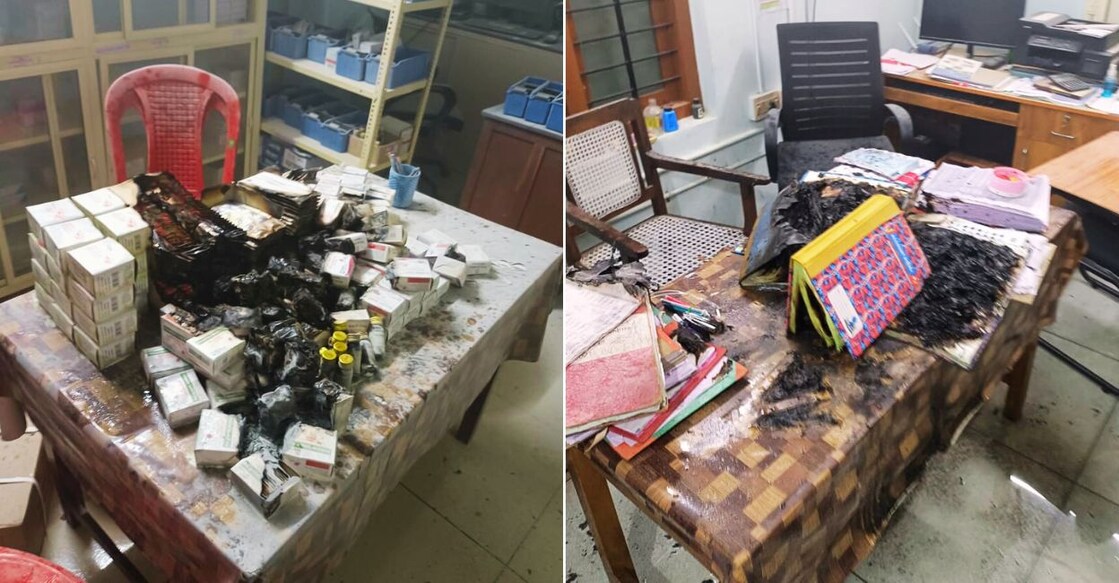 Medicines and files inside the Family Health Centre at Vilvattom in Thrissur were destroyed in the fire Saturday evening. Photos: Special arrangement