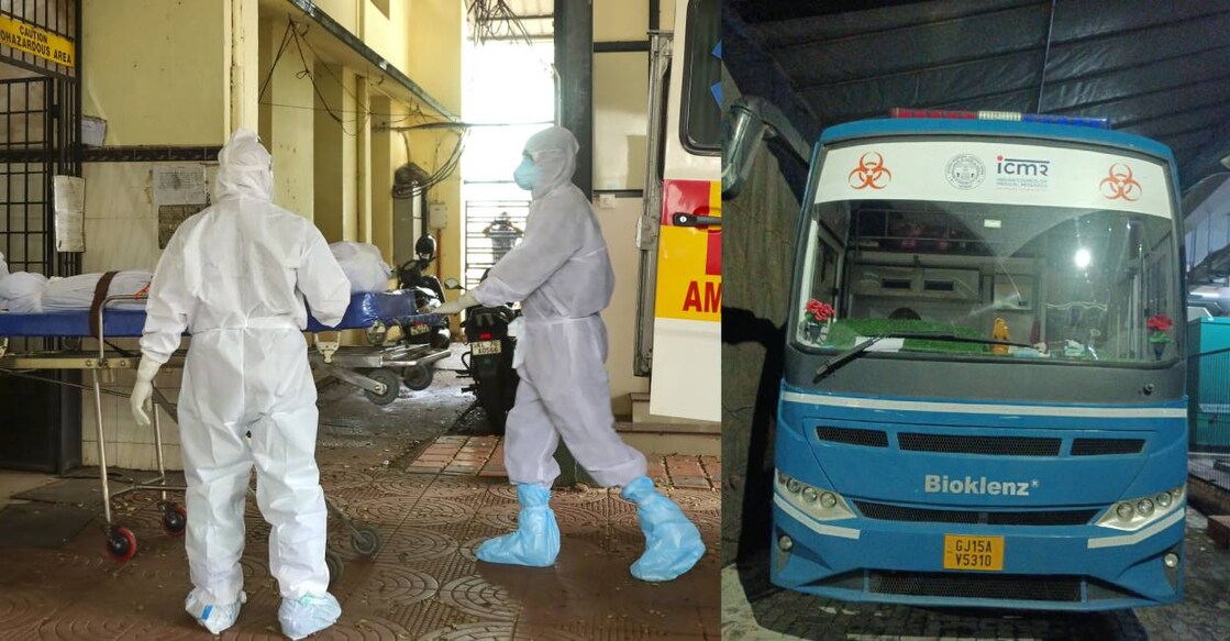Healthcare workers at Kozhikode Medical College (left), NIV's mobile lab in Kozhikode (right). Photo: PTI, special arrangement