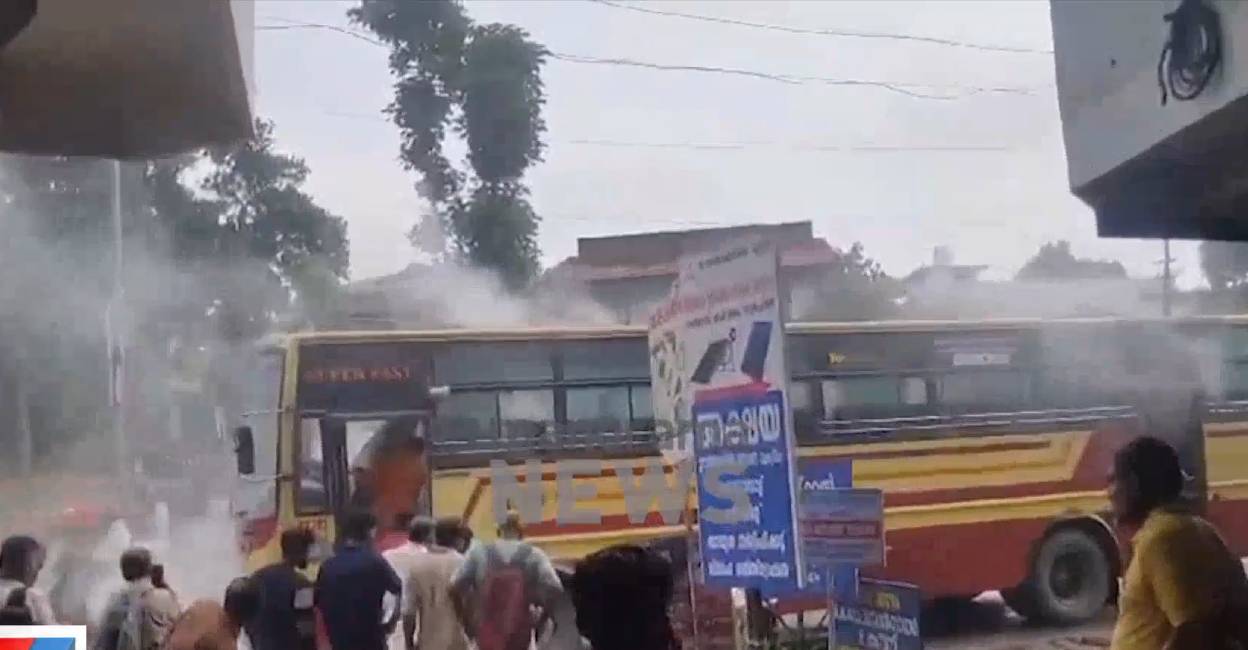 The bus caught fire while heading to Thiruvananthapuram from Angamaly. Photo: Manorama News