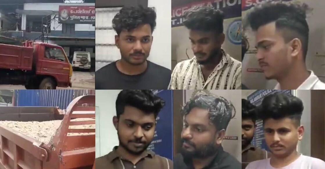 The arrested are, Mambad Odaayikkal Mattath Shamil Shan (21), Kattumunda Valiyathodika Marvan (20), Pulikkal Ameen (19), Vadappuram Chekarattil Althaf (22), Chekarattil Muhammad Sawad (22), Kannamthodika Abdul Majeed (34) and Karimadathil Saheer (23). Photo: Screengrab.