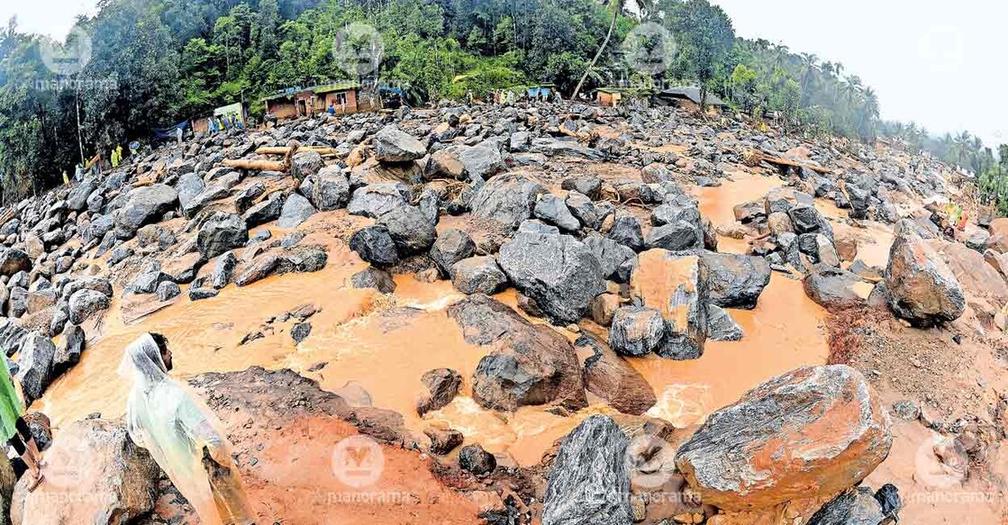 Boulders left behind after landslide in Wayanad on July 30, 2024. Photo: Manorama