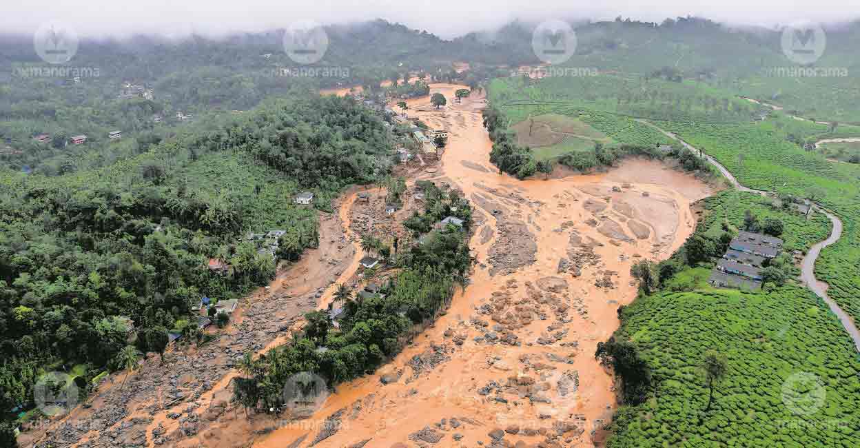 landslide-wayanad3 Aerial shot of the trail of destruction left behind by landslide in Chooralmala, Wayanad on July 30, 2024. File Photo: Manorama