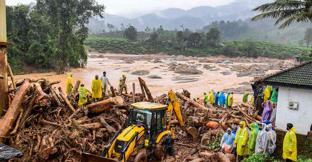  Rescue operation underway after a landslide triggered by heavy monsoon rains, in Wayanad district, Tuesday, July 30, 2024. Photo: PTI