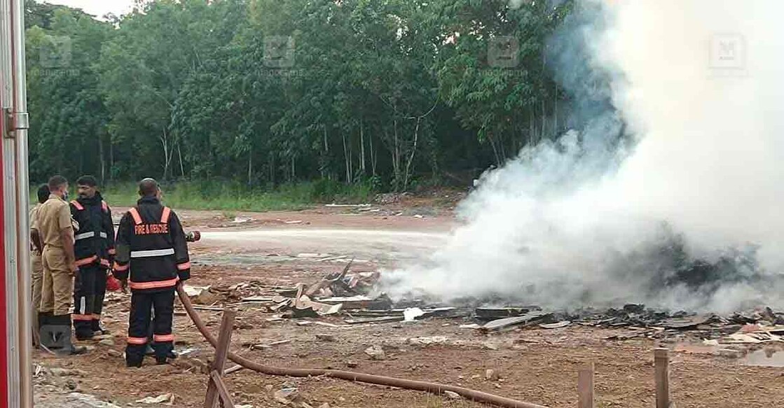 The remnants from the set were burnt by contractor's employees tasked with dismantling the set.  Photo: Manorama