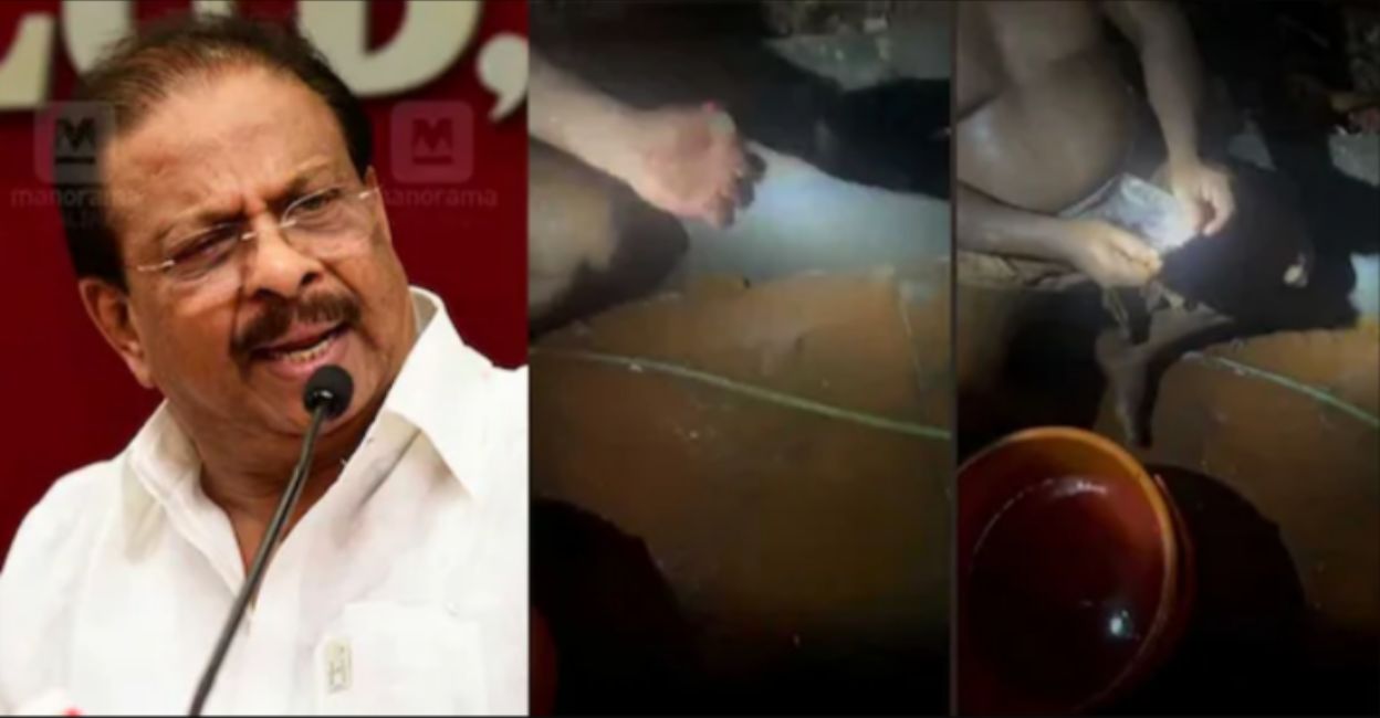 K Sudhakaran; visuals of a man digging up copper plates. Photo: Manorama Online