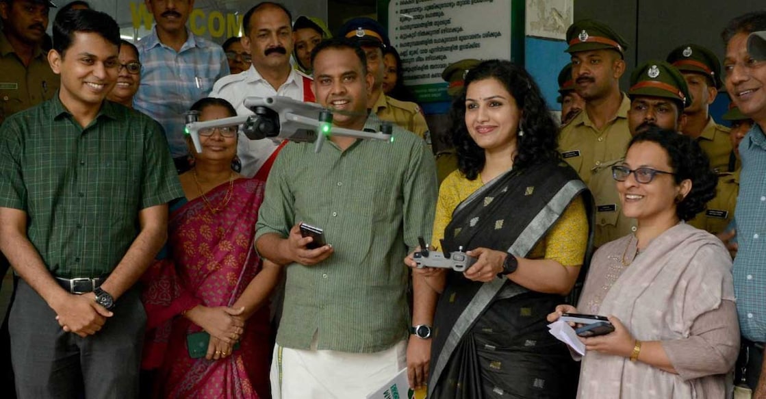 Wayanad District Collector Renu Raj operating drones at civil station. Photo : Special arrangement