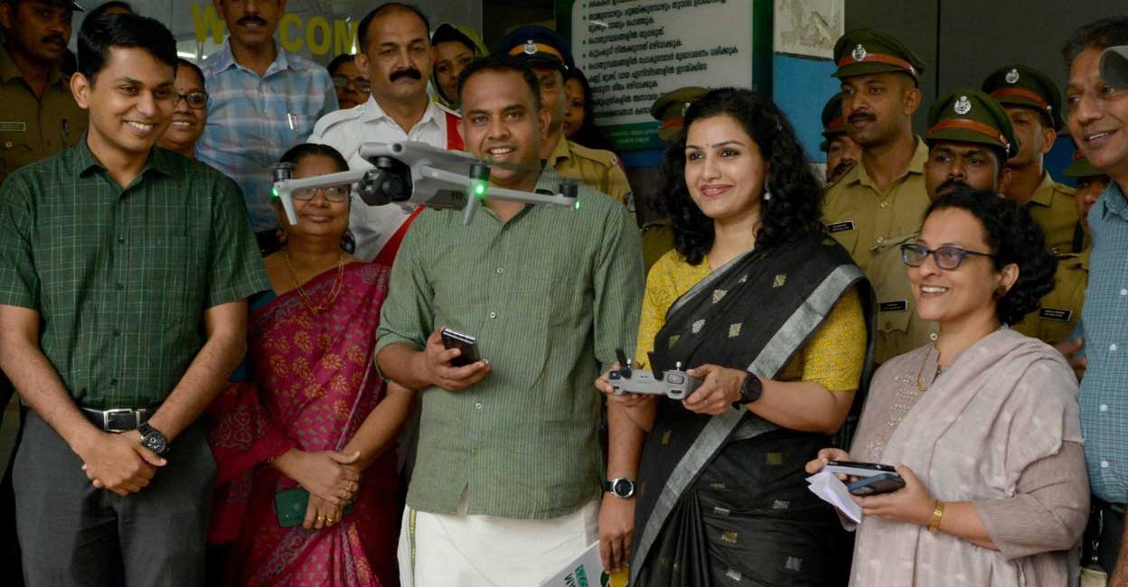 Wayanad District Collector Renu Raj operating drones at civil station. Photo : Special arrangement