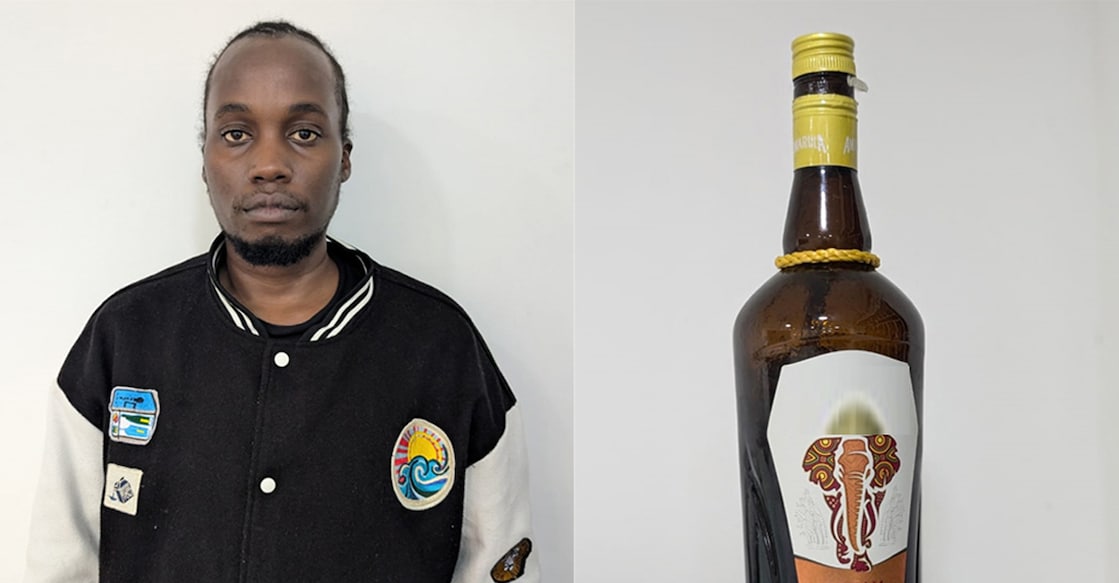 The Kenyan national, who was arrested with Rs 13 crore cocaine; The unsealed alcohol bottle that used to smuggle the drugs. Photo: Manorama News.