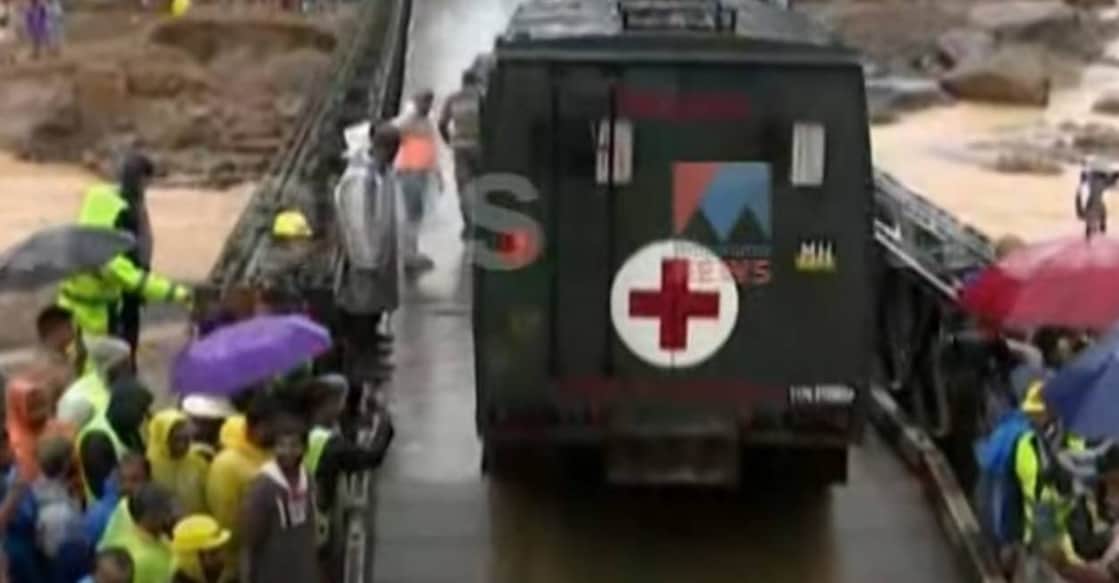wayanad-bailey-bridge-army An army ambulance take a ride through the bailey bridge. Photo: Screengrab/ Manorama News