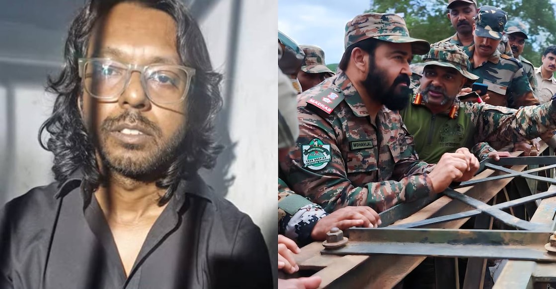 aju-alex-mohanlal Aju Alex (left) criticised Mohanlal (right) for visiting landslide hit Wayanad in his military uniform. Photo: Manorama News, PTI