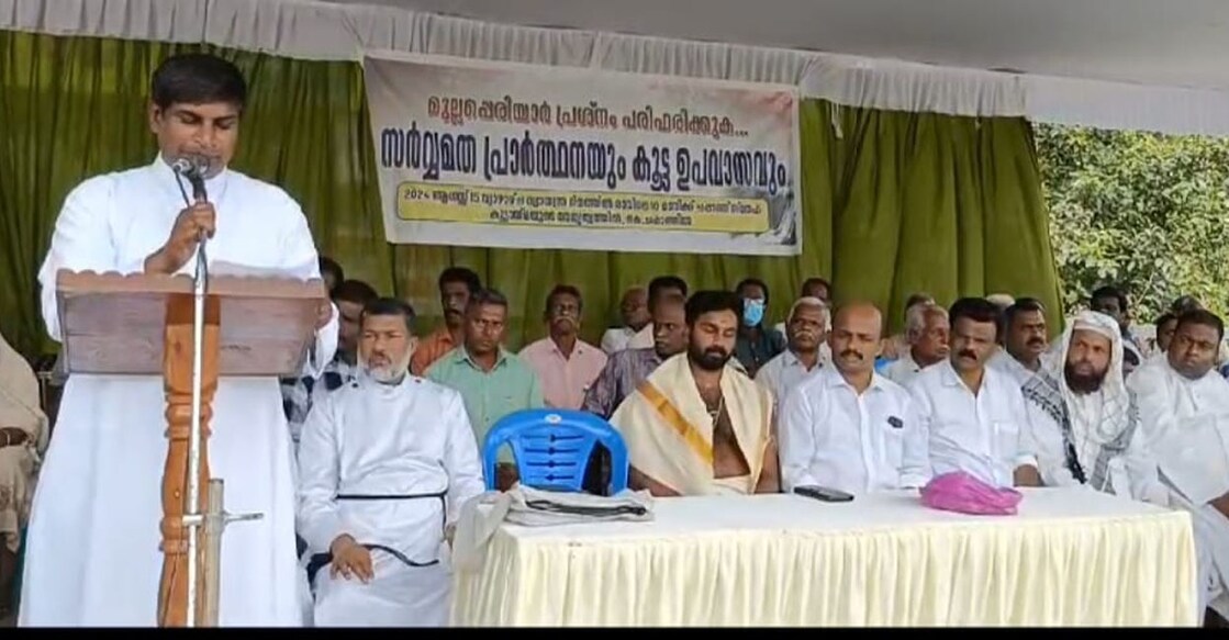 Father Suresh speaking at the interfaith prayer meeting held at Chappath. Photo: Special Arrangement.