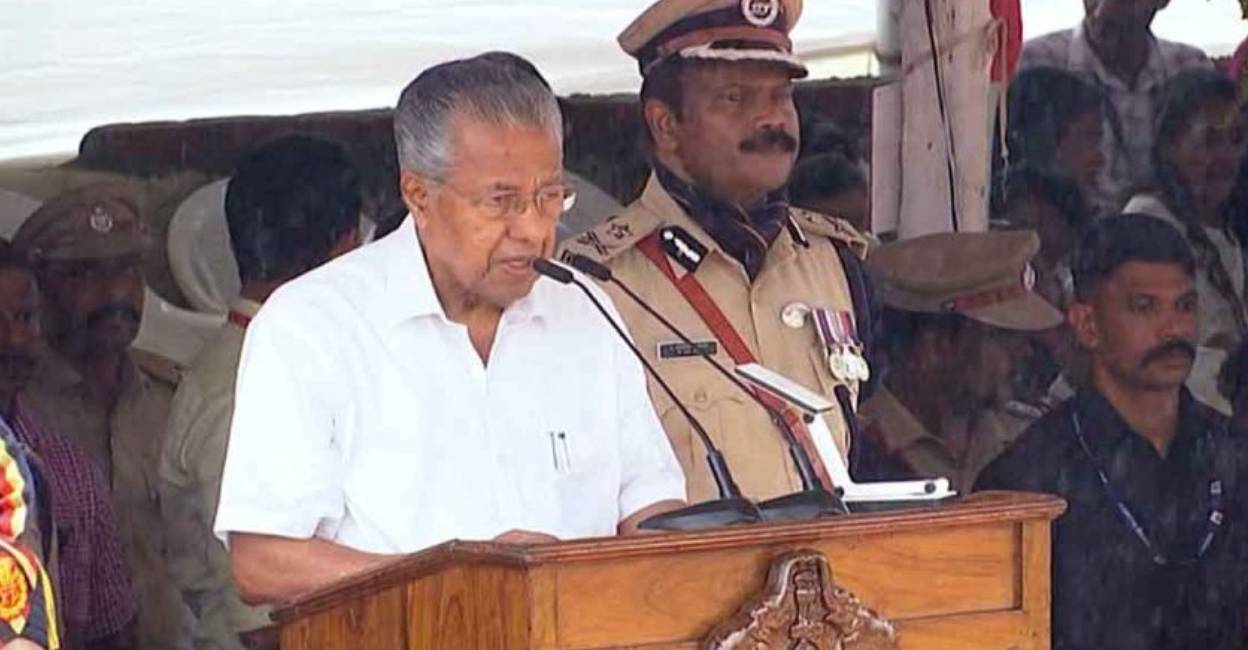 Chief Minister Pinarayi Vijayan addresses Independence Day celebrations in TVM central stadium. Photo: Manorama News