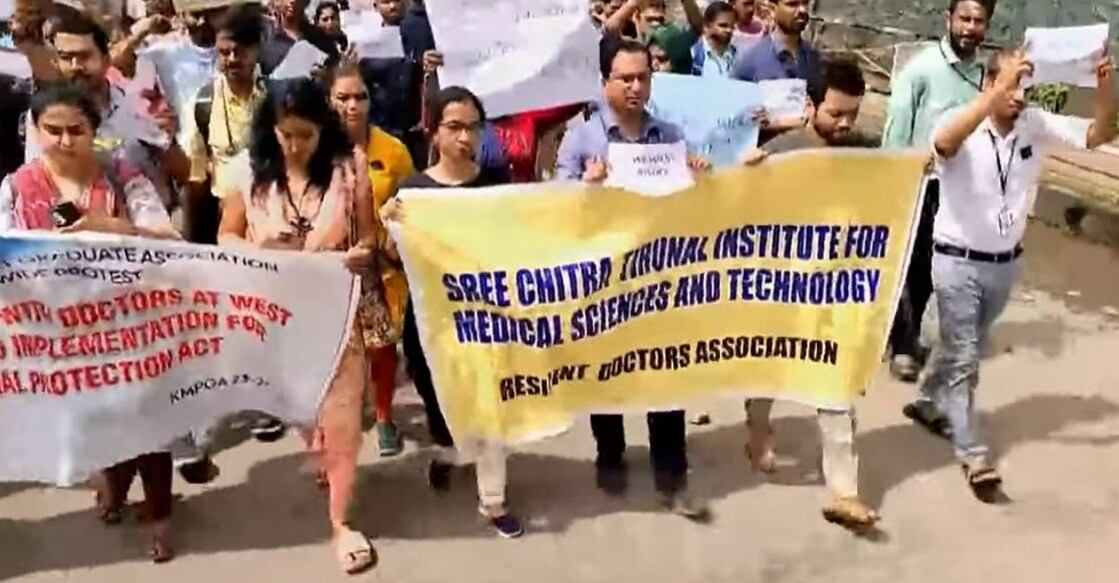 Resident doctors stage protest march in Thiruvananthapuram. Photo: Screengrab/ Manorama News