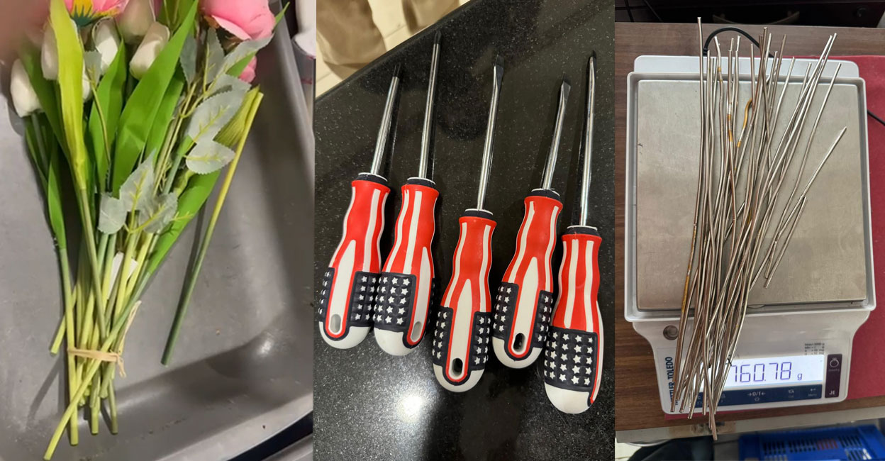 Gold wires plated with a steel-colour material were found inside a bouquet of artificial flowers and the handles of screwdrivers. Photos: Kochi Customs