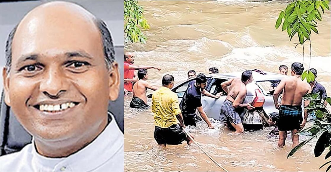 Fr Jacob Vattappilly (Left), Locals retrieving the car from the river. Photo: Manorama