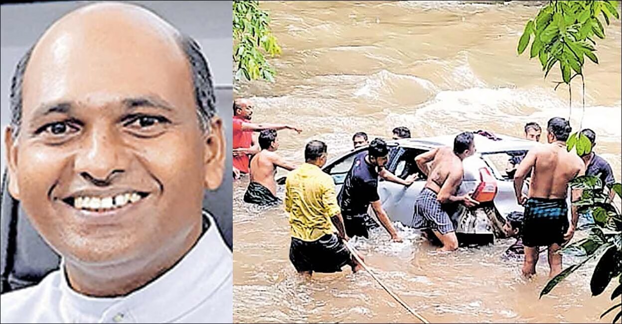 Fr Jacob Vattappilly (Left), Locals retrieving the car from the river. Photo: Manorama