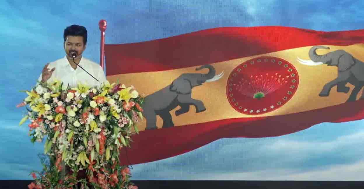 Tamil superstar Thalapathy Vijay’s newly founded political party Tamilaga Vettri Kazhagam (TVK) unveiled its flag on August 22, 2024. Photo: Youtube/Tamilaga Vettri Kazhagam