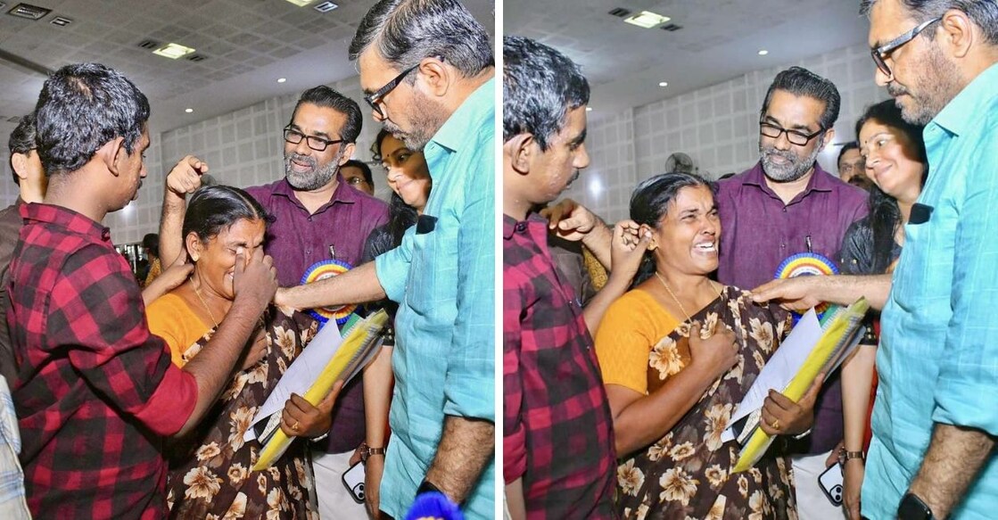 Bindu shed tears of joy when Minister for Local Self-Government, MB Rajesh (right) handed over the ownership certificate at a local body adalat in Alappuzha. Photos: Facebook/@mbrajeshofficial