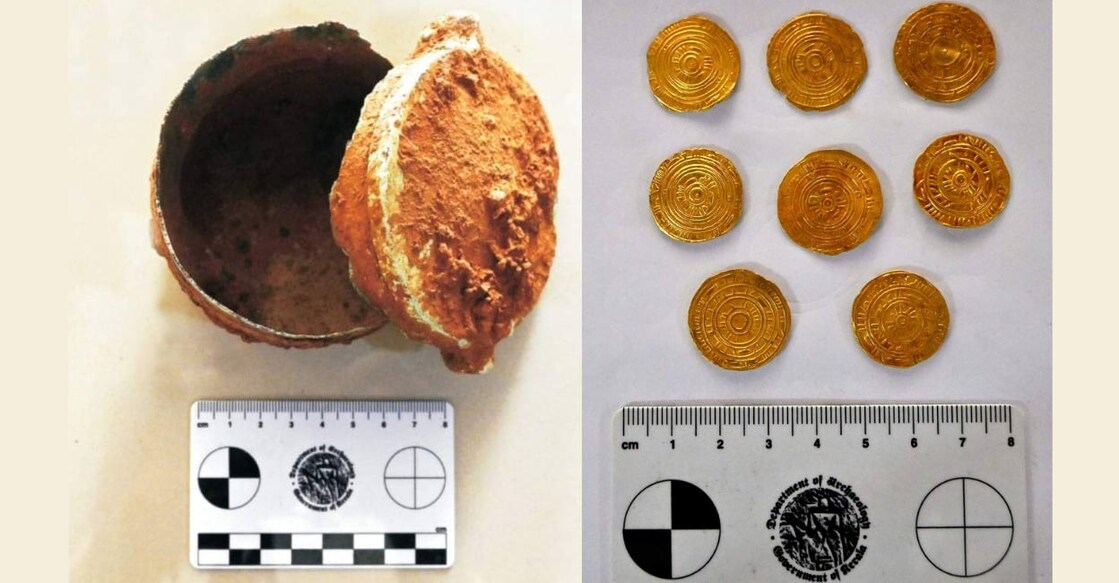 malappuram-treasure-ls A collection of eight coins and one partially damaged coin was found enclosed in a copper box. The archaeology department inspected the treasures last year and they have published the report. Photos: Special arrangement.