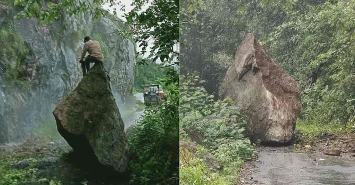 A huge boulder rolled down from the hill to the BVC area in the Kakkayam Dam Site Road. Photo: Special arrangement