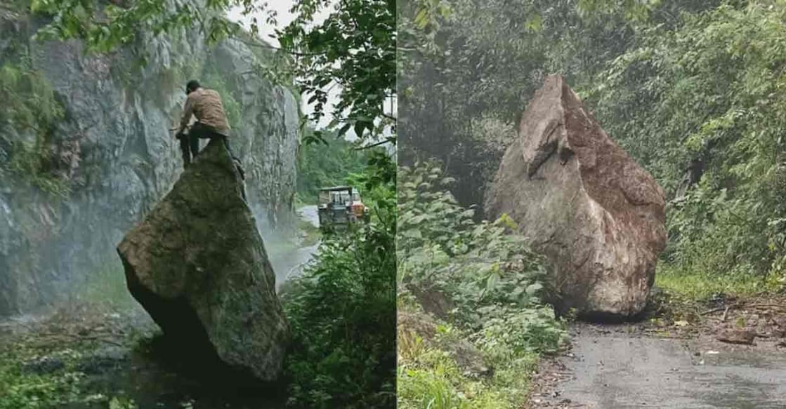 A huge boulder rolled down from the hill to the BVC area in the Kakkayam Dam Site Road. Photo: Special arrangement