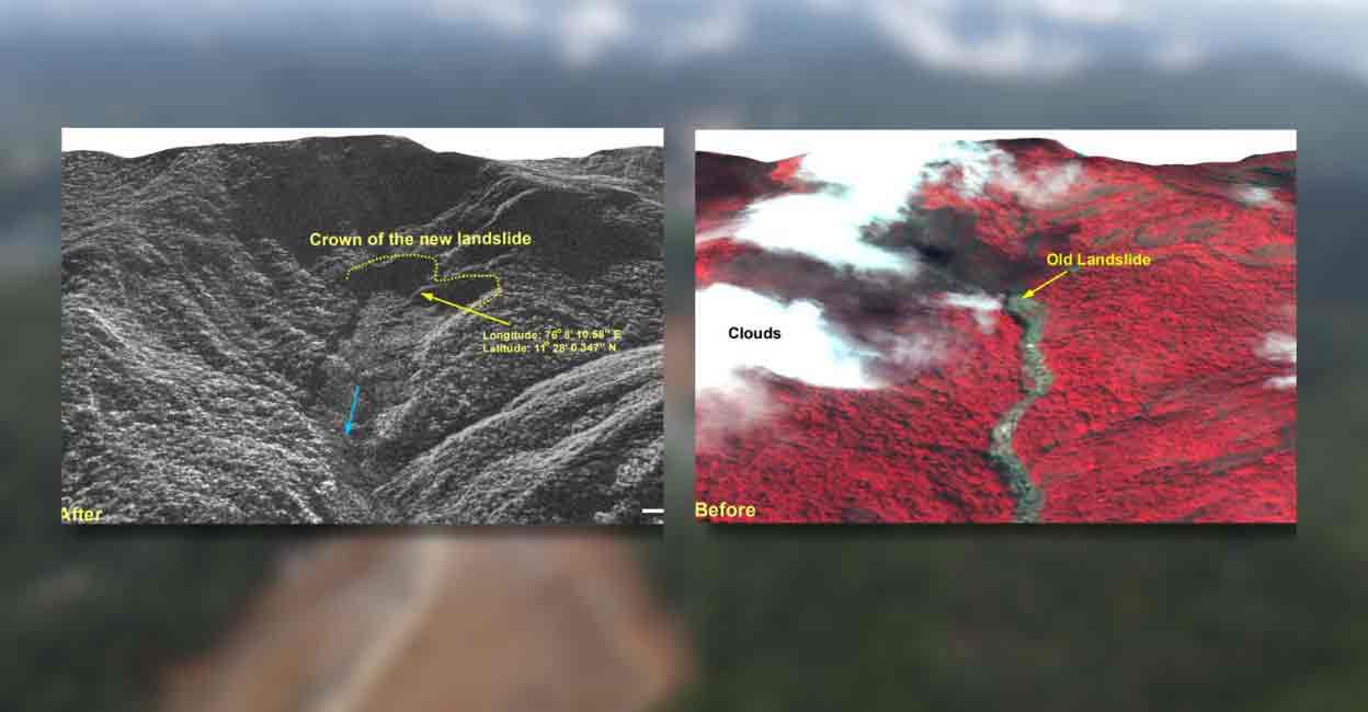 Article Image-Haritha - 2 Satellite images of landslide-hit area in 2024 and 1984. Photo : NRSC/ISRO