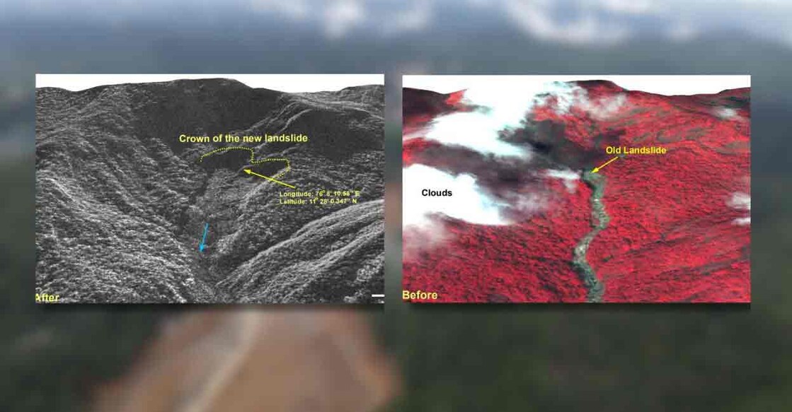 Satellite images of landslide-hit area in 2024 and 1984. Photo : NRSC/ISRO