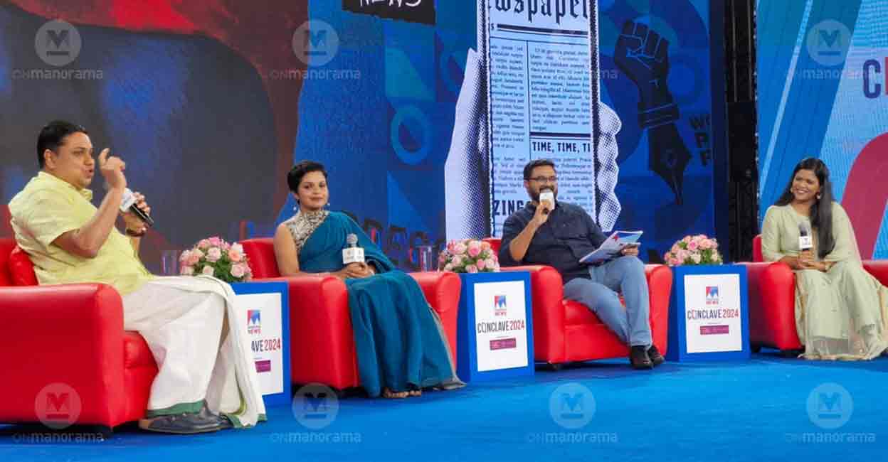 shamseer-nisha-shani-ayyappadas Manorama News anchors- Nisha Purushothaman, A Ayyappadas and Shani Prabhakaran- known for their probing questions and face counter-questions from Speaker AN Shamseer. Photo: Manorama