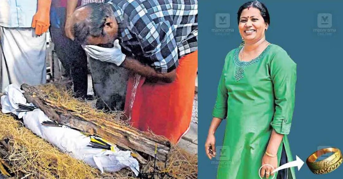 Ramaswami pays last respects to Jisha (left), Jisha (right). Photo: Jithin Joyal Harrim/ Manorama