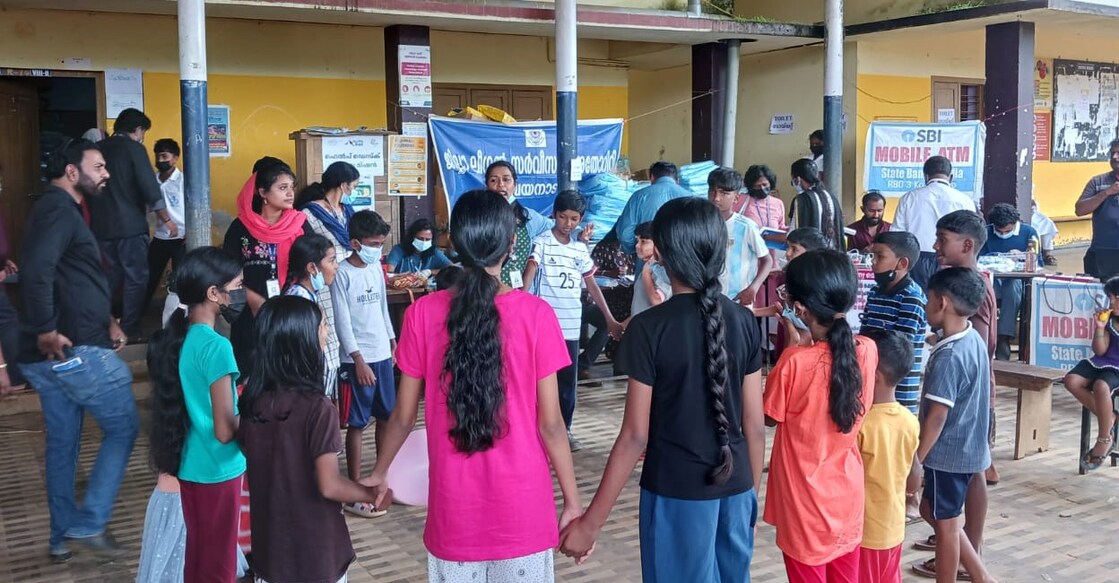 We shall overcome : The music -dance-magic programmes organised by pshychosocial counsellors from Malappuram for the children in the relief camp at Government High School, Meppadi. Photo: Special Arrangement