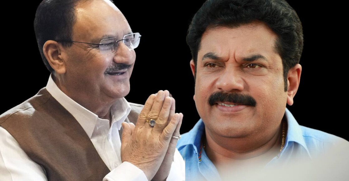 J P Nadda and M Mukesh. File Photos: PTI, Manorama. 