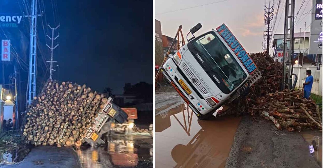 The log-bearing truck tipped over at Aroor. Photos: Special arrangement
