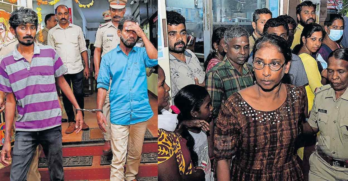 (From left) Mathews, Reynold and Sharmila being taken for medical examination from Mannachery police station. Photo: Manorama