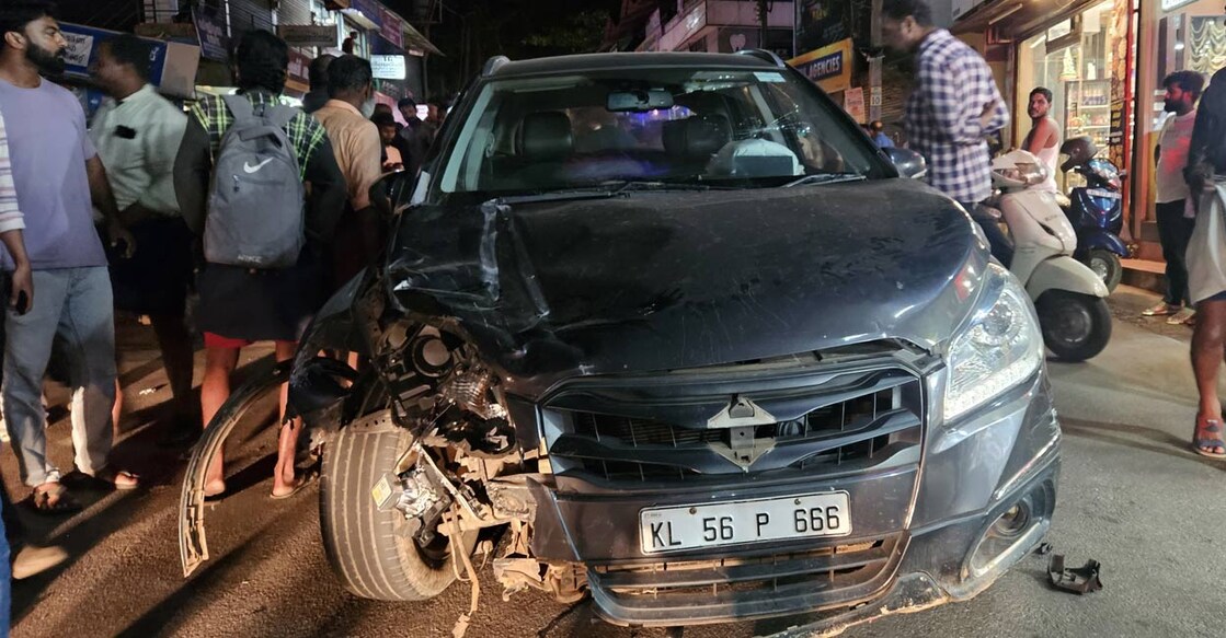 The incident happened near the Mukkom bus stand around 8 pm on Thursday, when the car crossed into the opposite lane and collided with a two-wheeler. Photo: Special arrangement.