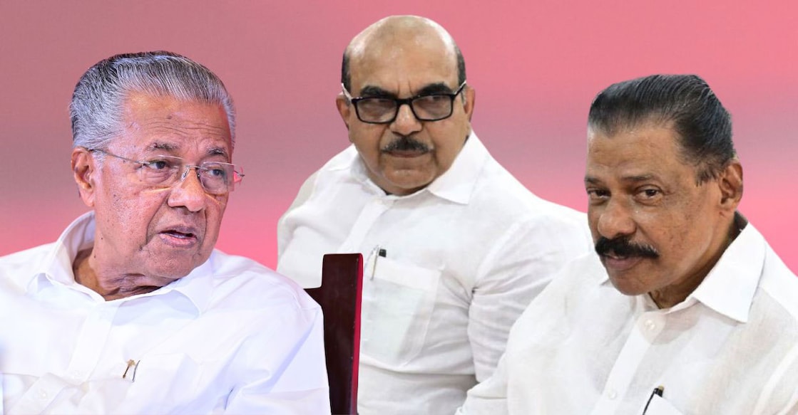 Untitled design - 1 Kerala CM Pinarayi Vijayan is not keen on probe into P Sasi's (centre) affairs, but CPM state secretary M V Govindan (right) is in two minds. Photos: Manorama/created using Canva