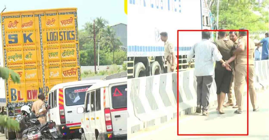 Police nab container truck used by ATM robbers from Namakkal in Tamil Nadu; Police handcuff one of the accused. Photo: Special arrangement