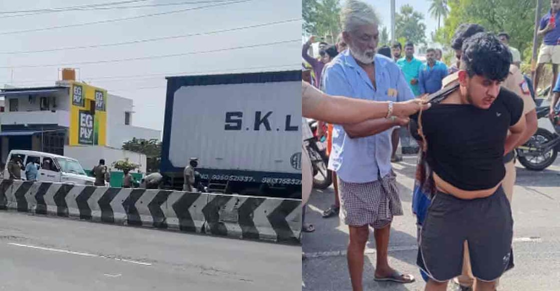 Police nab container truck used by ATM robbers from Namakkal in Tamil Nadu; Police handcuff one of the accused. Photo: Special arrangement