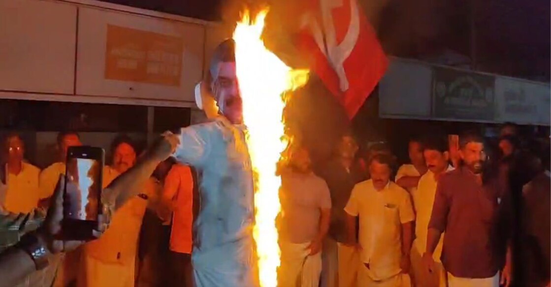 Members of CPM Malappuram burn Nilambur MLA P V Anvar in effigy after a protest march in Malappuram on Friday. Photo: Screengrab/Facebook@cpimmalappuramdc