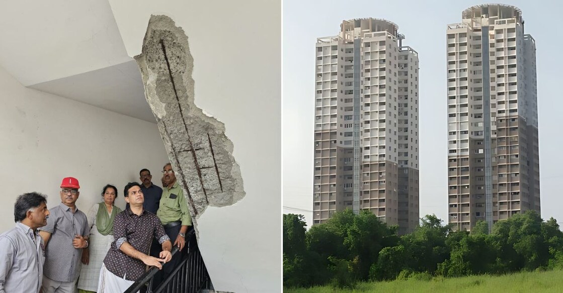 Hibi Eden MP visits the Chanderkunj flats (right) which are under severe distress due to poor quality in construction. Photo: Special arrangement