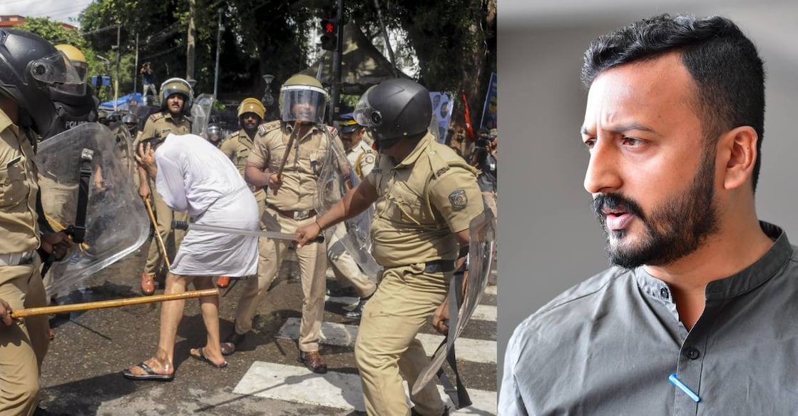 Police lathicharge a Youth Congress activist during a protest demanding the resignation of Kerala Chief Minister Pinarayi Vijayan over LDF MLA P V Anvar's allegations against top IPS officers in the state, Thiruvananthapuram. Photo: PTI