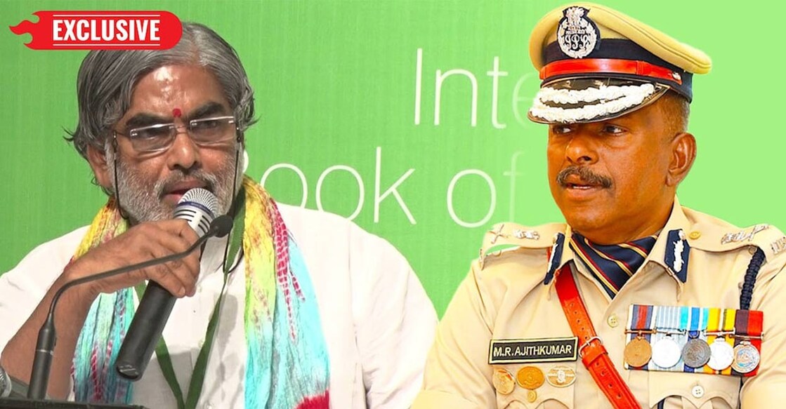 RSS Pracharak Jayakumar, ADGP Ajith Kumar. Photos: NASYA India/Youtube, Facebook. 