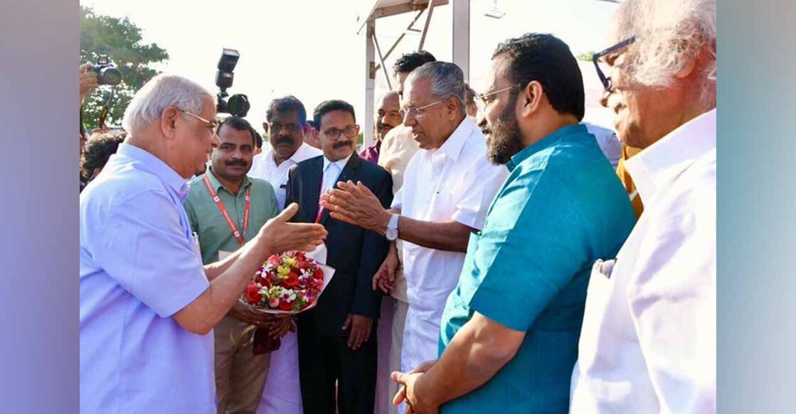 cm guv arlekar Rajendra Arlekar greeted by the Chief Minister, Revenue Minister K Rajan, and Speaker N Shamsheer. Photo: @pinarayivijayan/X