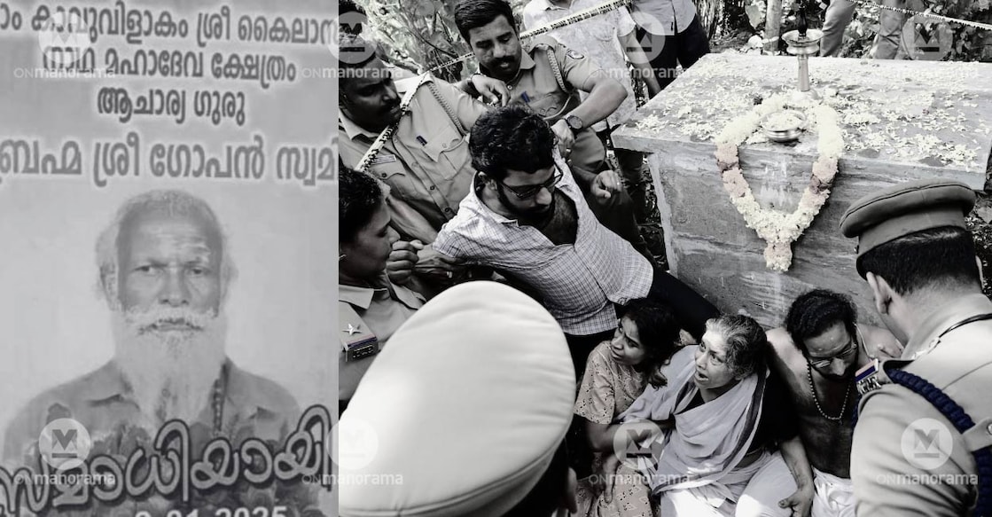 neyyattinkara-gopan-swami-samadhi-neq (Left) The flex board announcing Gopan Swami attaining 'samadhi'. (Right) Family members protest as police try to exhume the body. File Photos: Manorama