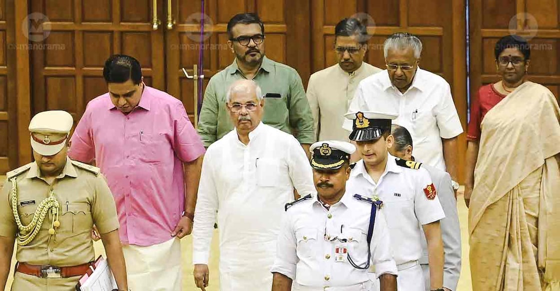 governor-arlekar-pinarayi Speaker AN Shamseer, Governor Rajendra Vishwanath Arlekar, Chief Minister Pinarayi Vijayan and Chief Secretary Sarada Muraleedharan. Photo: Manoj Chamancheri/Manorama