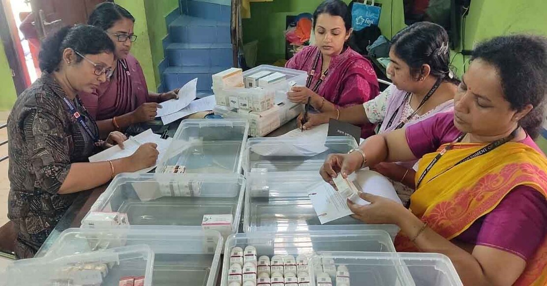 Drugs control wing officials inspecting seized medicines in Thrissur as part of the raid. Photo: Special arrangement