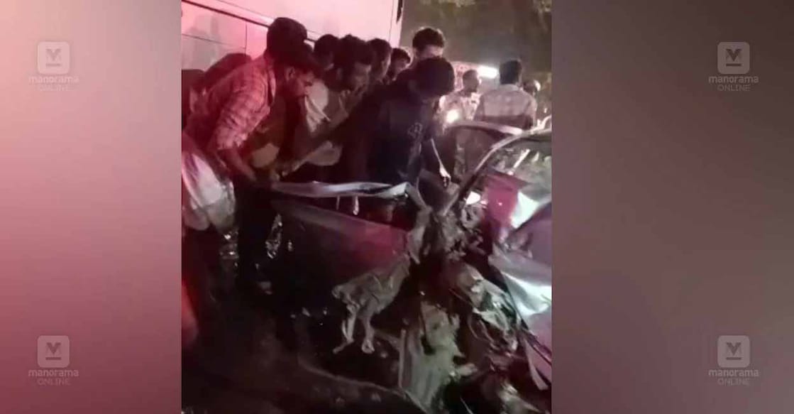 The car that was damaged in the collision with a bus at Chadayamangalam. Photo: Manorama