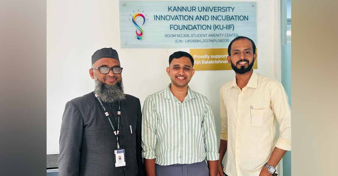 Sayooj C Chandran Prof U Faisal and Dr T K Muneer, directors of Kannur University's Innovation and Incubation Foundation, after registering his academy as a startup on Thursday. Photo: Special Arrangement