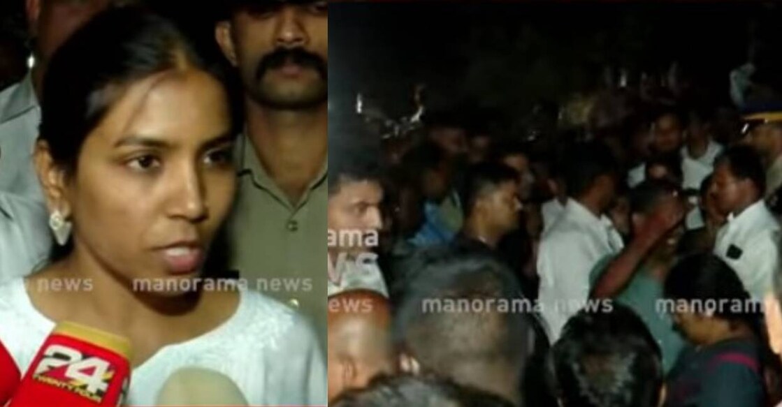 Idukki collector Vigneshwari IAS talks to media (right) and people camped at Kombanpara (left). Photo: Screengrab/ Manorama News